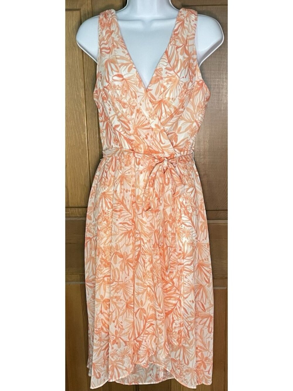 Floral Long Dress Cream And Orange Chiffon Cross Front Sleeveless Tommy Hilfiger